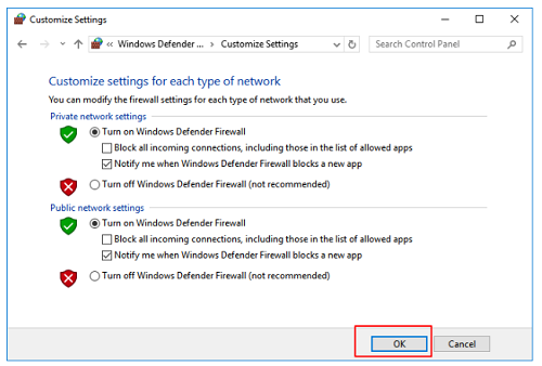 روش سوم: Windows Defender Firewall را روشن کنید