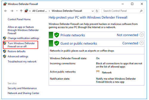 روش سوم: Windows Defender Firewall را روشن کنید